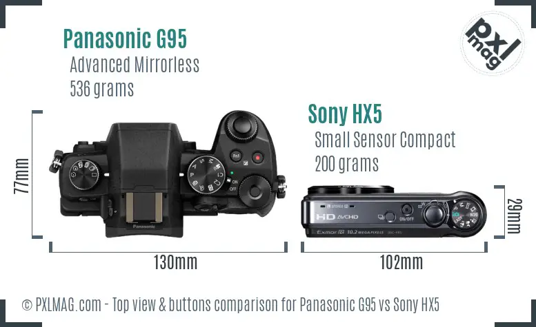 Panasonic G95 vs Sony HX5 top view buttons comparison Panasonic G95 vs Sony HX5 top view buttons comparison