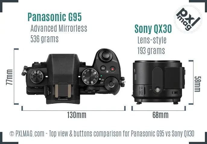 Panasonic G95 vs Sony QX30 top view buttons comparison