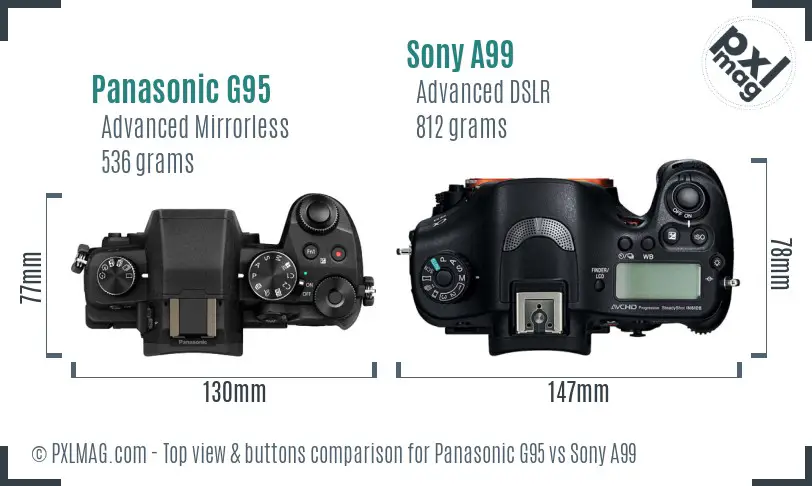 Panasonic G95 vs Sony A99 top view buttons comparison Panasonic G95 vs Sony A99 top view buttons comparison
