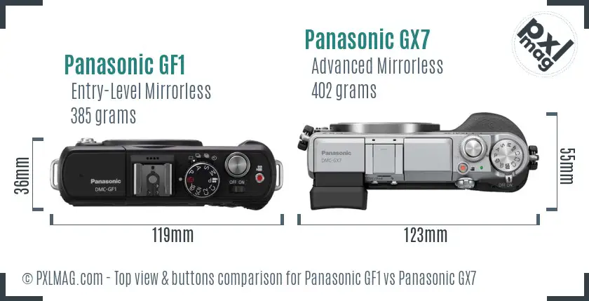 Panasonic GF1 vs Panasonic GX7 top view buttons comparison
