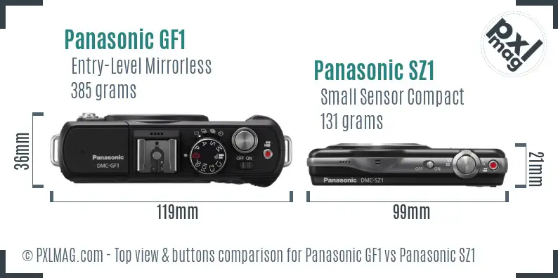 Panasonic GF1 vs Panasonic SZ1 top view buttons comparison