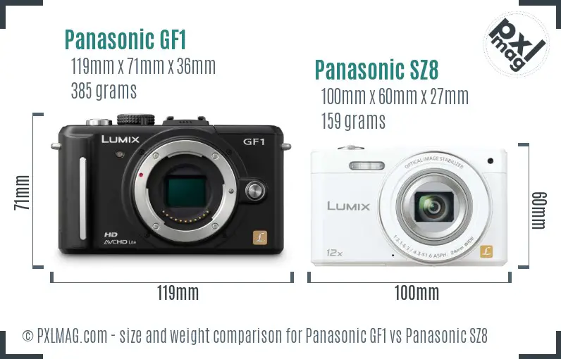 Panasonic GF1 vs Panasonic SZ8 size comparison