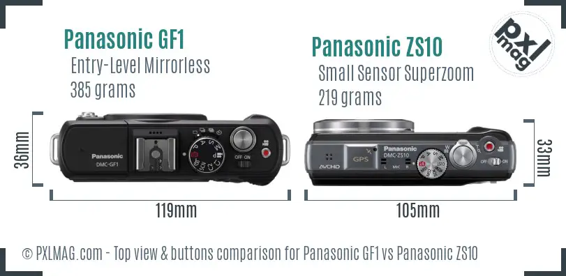 Panasonic GF1 vs Panasonic ZS10 top view buttons comparison