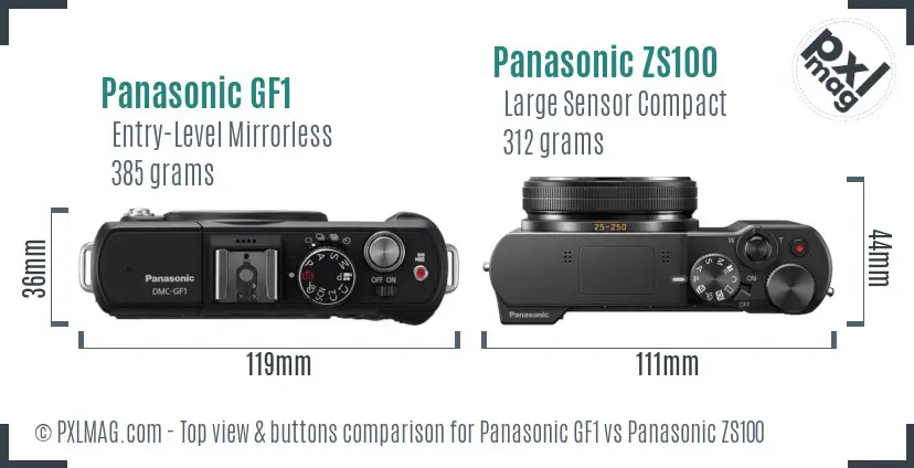 Panasonic GF1 vs Panasonic ZS100 top view buttons comparison