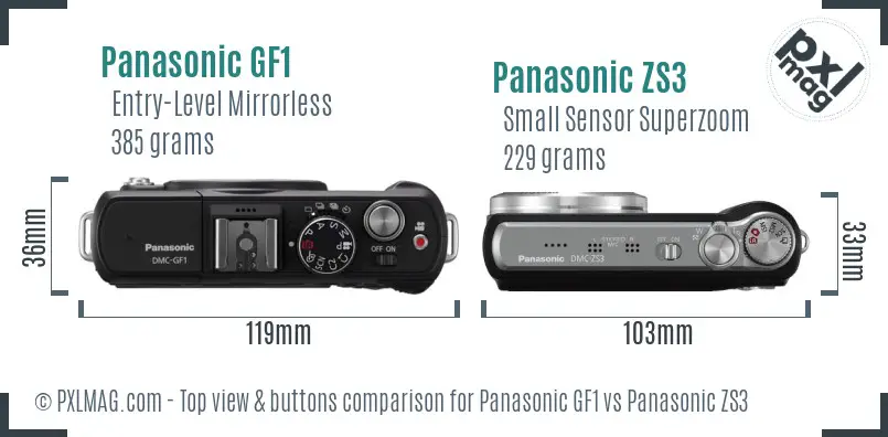 Panasonic GF1 vs Panasonic ZS3 top view buttons comparison