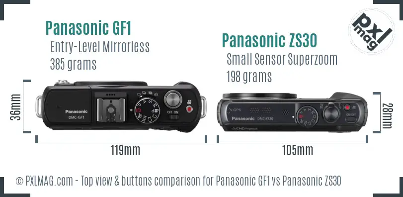 Panasonic GF1 vs Panasonic ZS30 top view buttons comparison