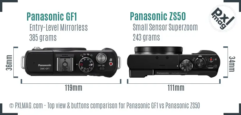 Panasonic GF1 vs Panasonic ZS50 top view buttons comparison
