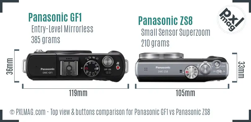 Panasonic GF1 vs Panasonic ZS8 top view buttons comparison