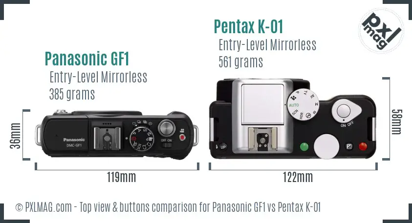 Panasonic GF1 vs Pentax K-01 top view buttons comparison