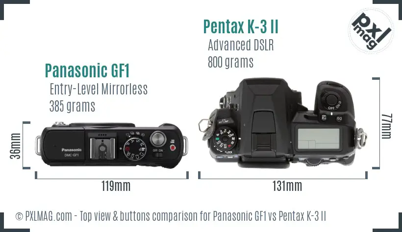 Panasonic GF1 vs Pentax K-3 II top view buttons comparison