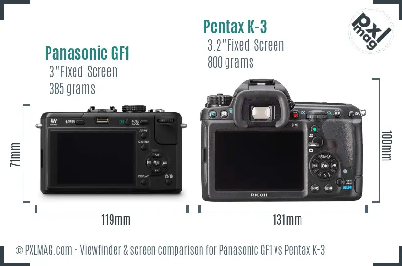 Panasonic GF1 vs Pentax K-3 Screen and Viewfinder comparison