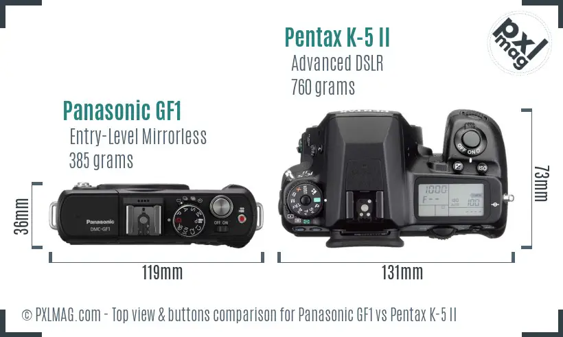 Panasonic GF1 vs Pentax K-5 II top view buttons comparison
