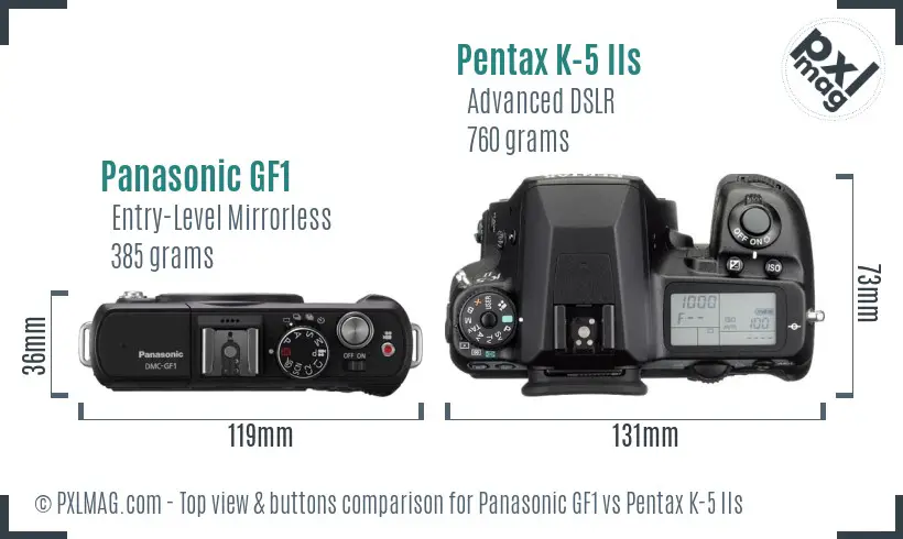Panasonic GF1 vs Pentax K-5 IIs top view buttons comparison