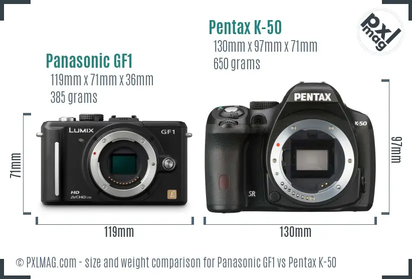 Panasonic GF1 vs Pentax K-50 size comparison