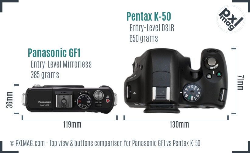 Panasonic GF1 vs Pentax K-50 top view buttons comparison