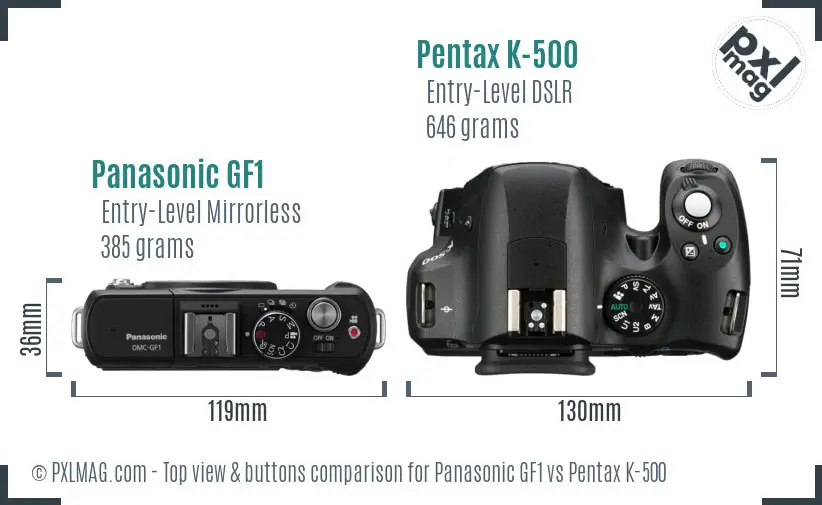 Panasonic GF1 vs Pentax K-500 top view buttons comparison