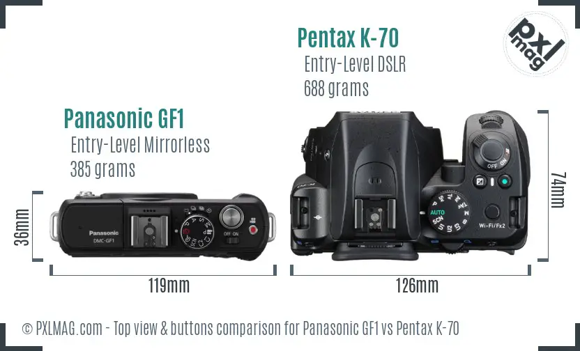 Panasonic GF1 vs Pentax K-70 top view buttons comparison