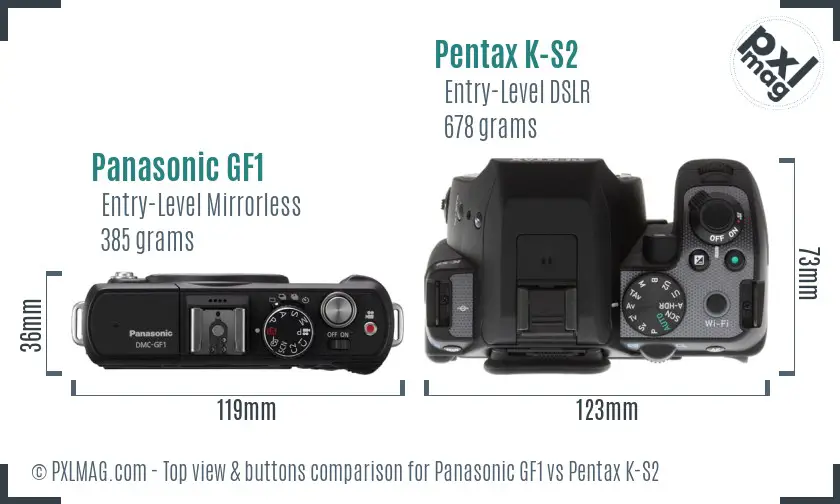 Panasonic GF1 vs Pentax K-S2 top view buttons comparison