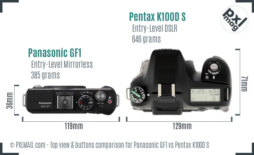 Panasonic GF1 vs Pentax K100D S top view buttons comparison