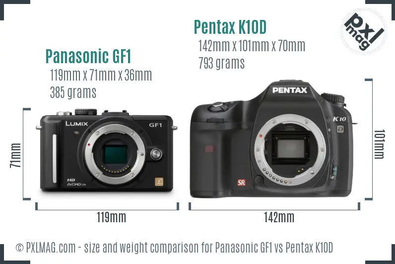 Panasonic GF1 vs Pentax K10D size comparison