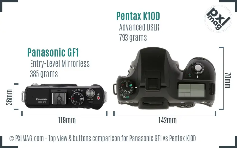 Panasonic GF1 vs Pentax K10D top view buttons comparison