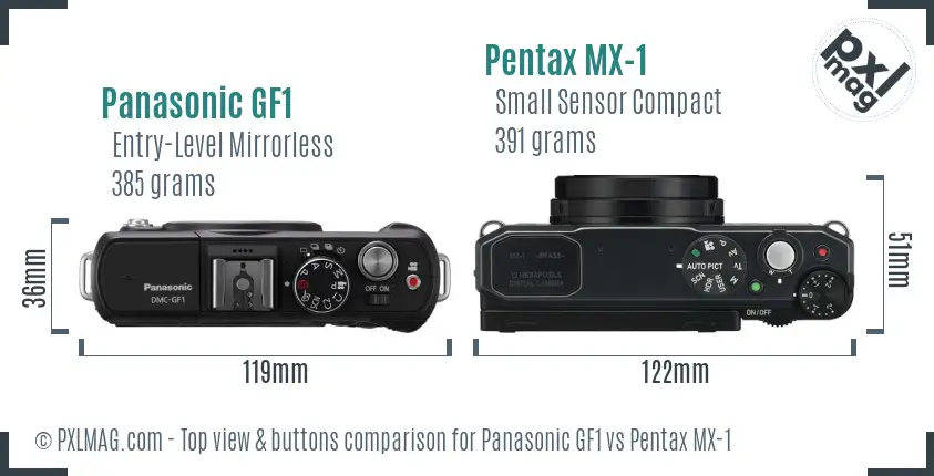 Panasonic GF1 vs Pentax MX-1 top view buttons comparison