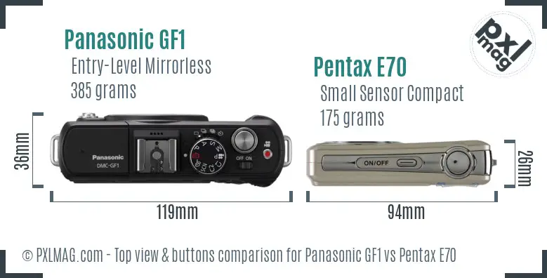 Panasonic GF1 vs Pentax E70 top view buttons comparison