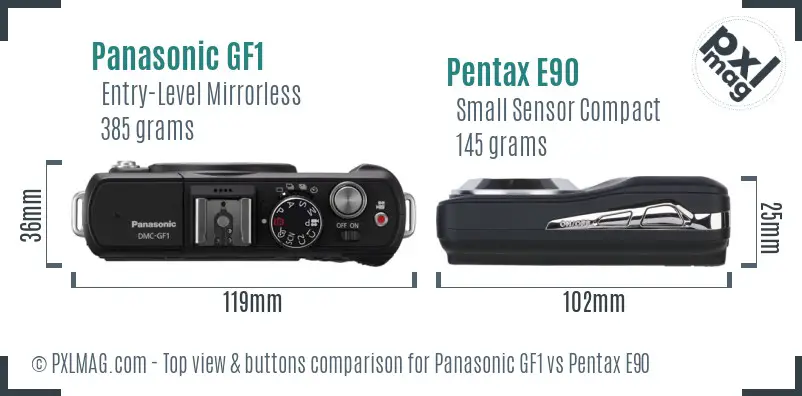 Panasonic GF1 vs Pentax E90 top view buttons comparison