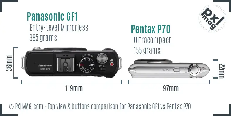 Panasonic GF1 vs Pentax P70 top view buttons comparison