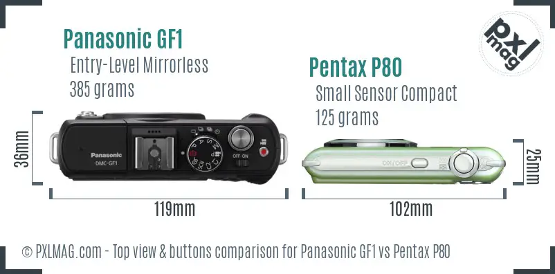 Panasonic GF1 vs Pentax P80 top view buttons comparison