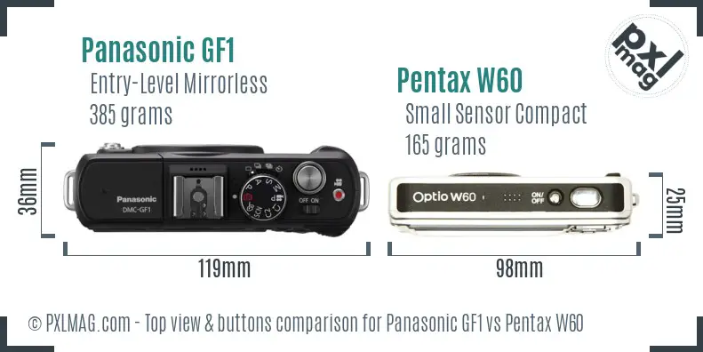 Panasonic GF1 vs Pentax W60 top view buttons comparison