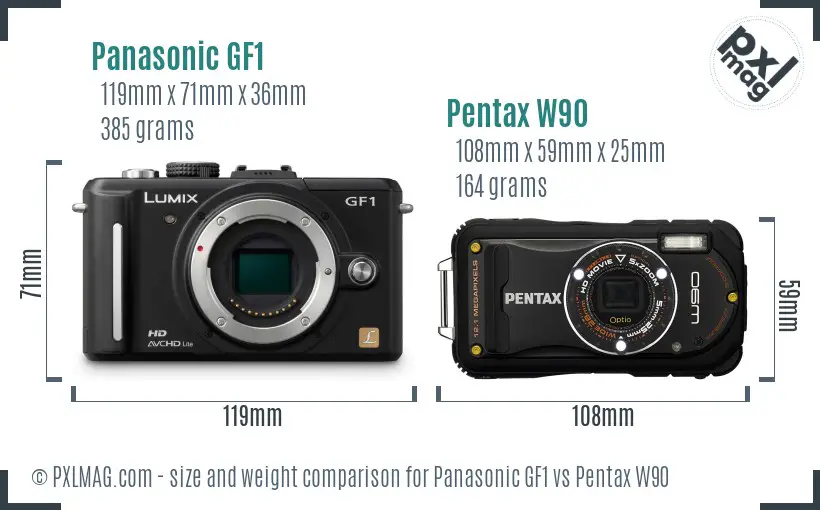 Panasonic GF1 vs Pentax W90 size comparison