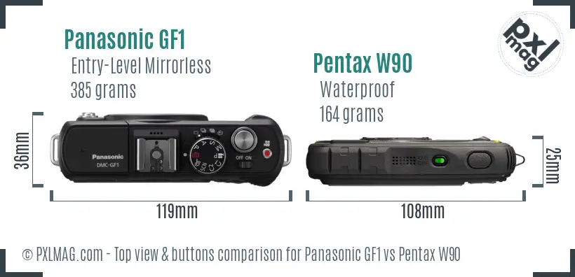 Panasonic GF1 vs Pentax W90 top view buttons comparison