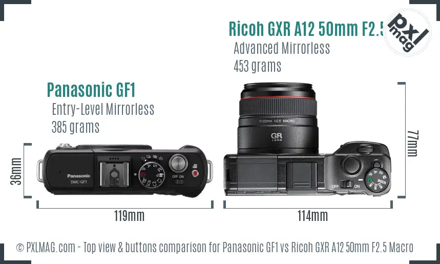 Panasonic GF1 vs Ricoh GXR A12 50mm F2.5 Macro top view buttons comparison