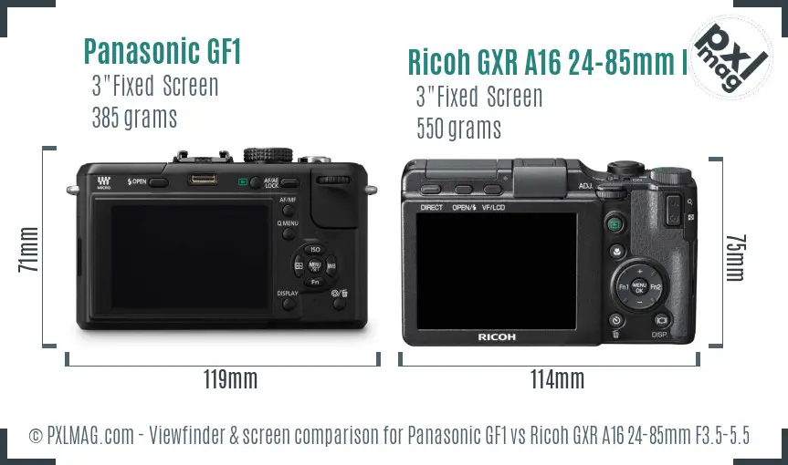 Panasonic GF1 vs Ricoh GXR A16 24-85mm F3.5-5.5 Screen and Viewfinder comparison