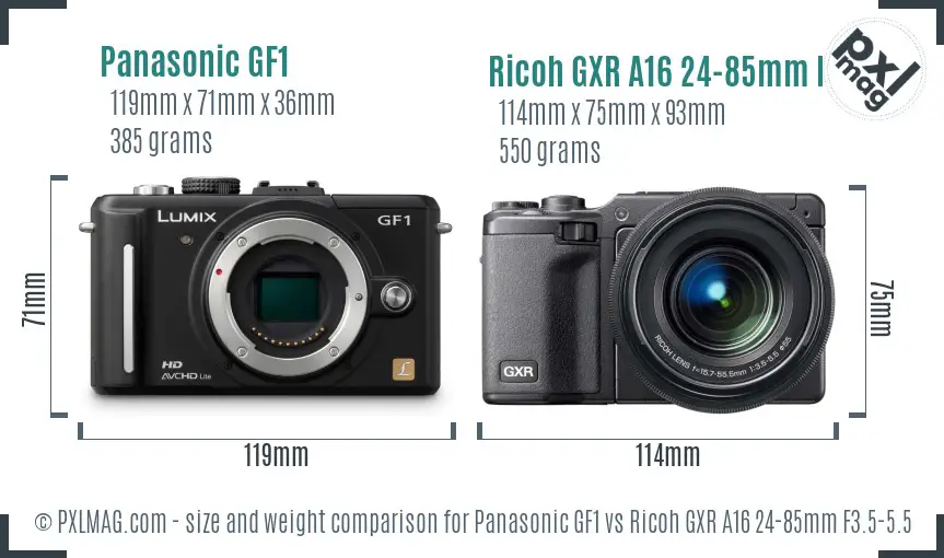 Panasonic GF1 vs Ricoh GXR A16 24-85mm F3.5-5.5 size comparison