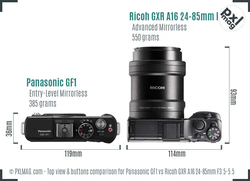 Panasonic GF1 vs Ricoh GXR A16 24-85mm F3.5-5.5 top view buttons comparison