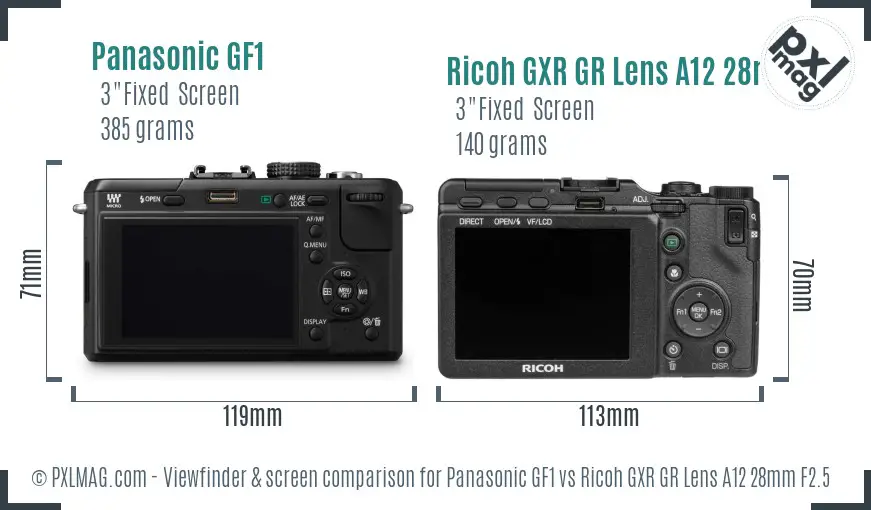 Panasonic GF1 vs Ricoh GXR GR Lens A12 28mm F2.5 Screen and Viewfinder comparison