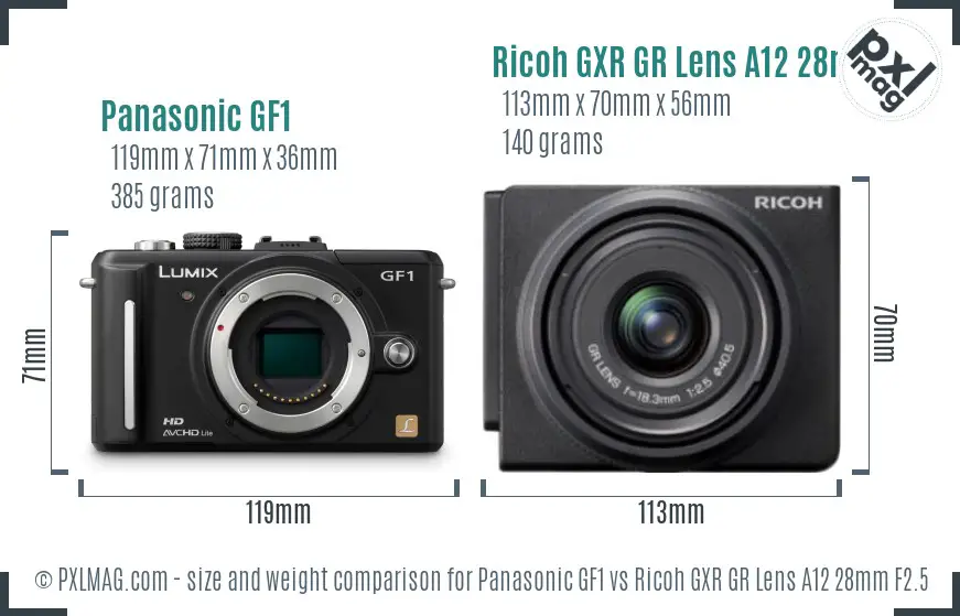 Panasonic GF1 vs Ricoh GXR GR Lens A12 28mm F2.5 size comparison