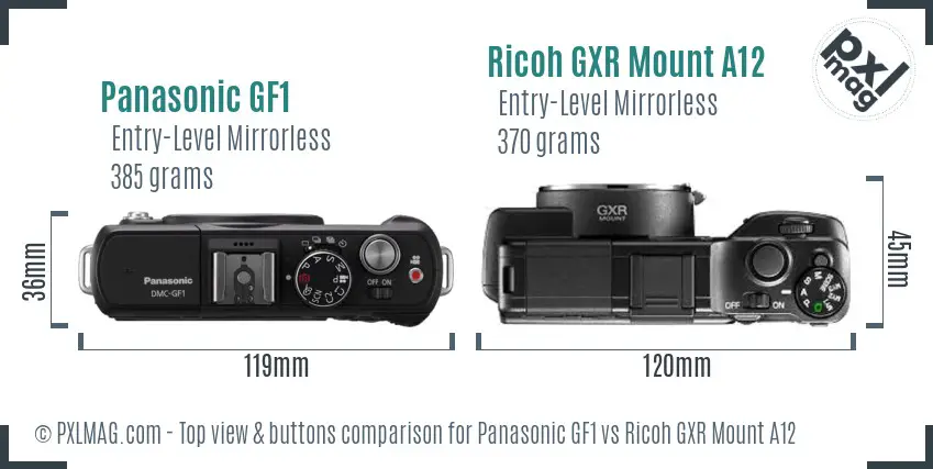 Panasonic GF1 vs Ricoh GXR Mount A12 top view buttons comparison