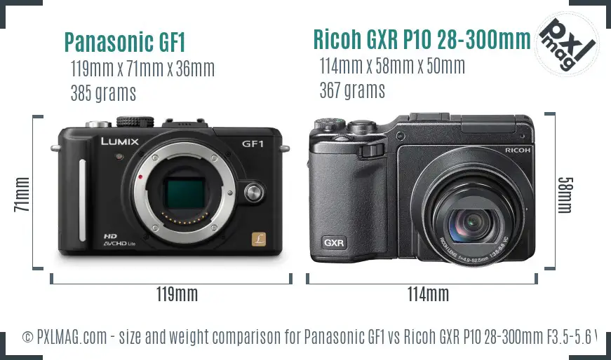 Panasonic GF1 vs Ricoh GXR P10 28-300mm F3.5-5.6 VC size comparison