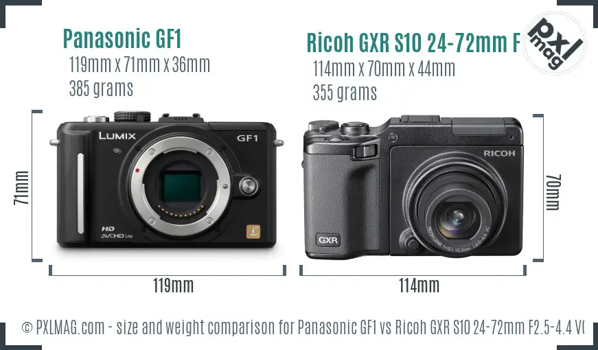 Panasonic GF1 vs Ricoh GXR S10 24-72mm F2.5-4.4 VC size comparison