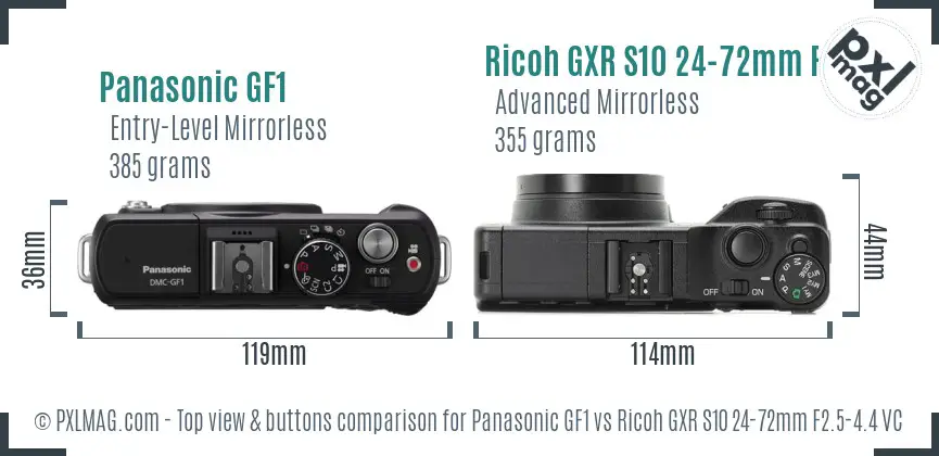 Panasonic GF1 vs Ricoh GXR S10 24-72mm F2.5-4.4 VC top view buttons comparison