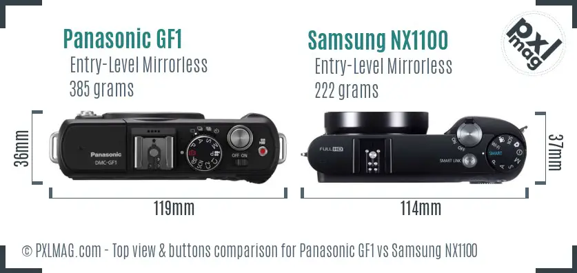 Panasonic GF1 vs Samsung NX1100 top view buttons comparison