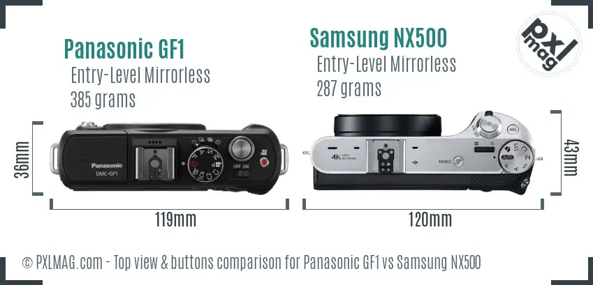 Panasonic GF1 vs Samsung NX500 top view buttons comparison