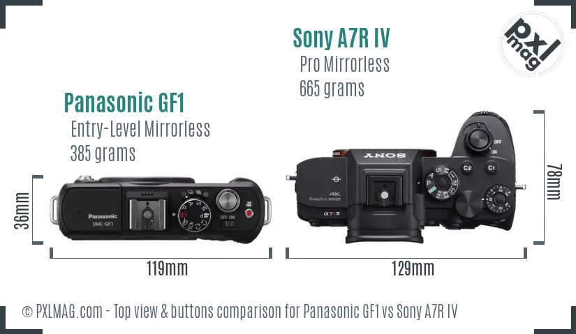 Panasonic GF1 vs Sony A7R IV top view buttons comparison Panasonic GF1 vs Sony A7R IV top view buttons comparison