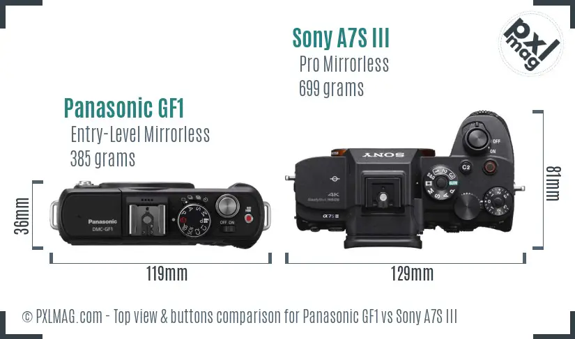 Panasonic GF1 vs Sony A7S III top view buttons comparison