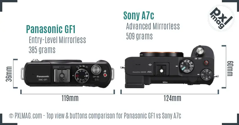Panasonic GF1 vs Sony A7c top view buttons comparison