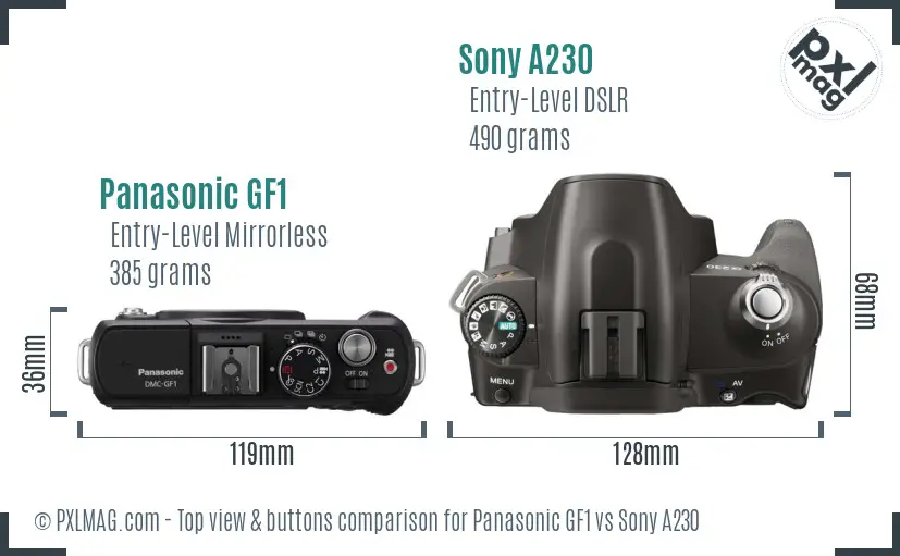 Panasonic GF1 vs Sony A230 top view buttons comparison