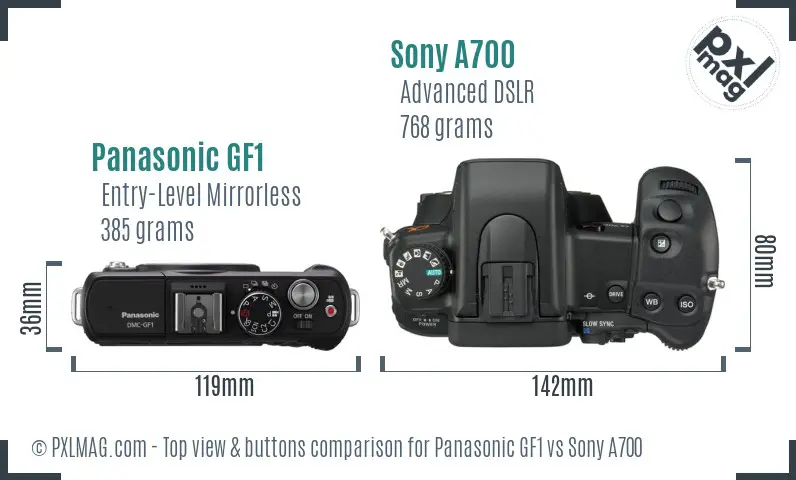Panasonic GF1 vs Sony A700 top view buttons comparison Panasonic GF1 vs Sony A700 top view buttons comparison